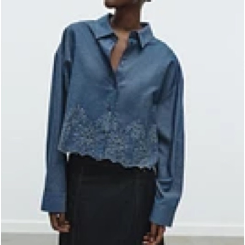 Zara Blue Button Down Shirt with Lace Hem